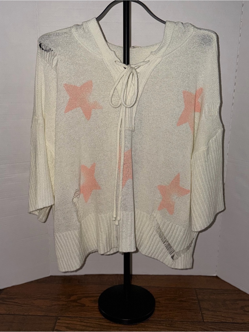 POL Cream Hooded Star-Print Sweater with Pink Stars